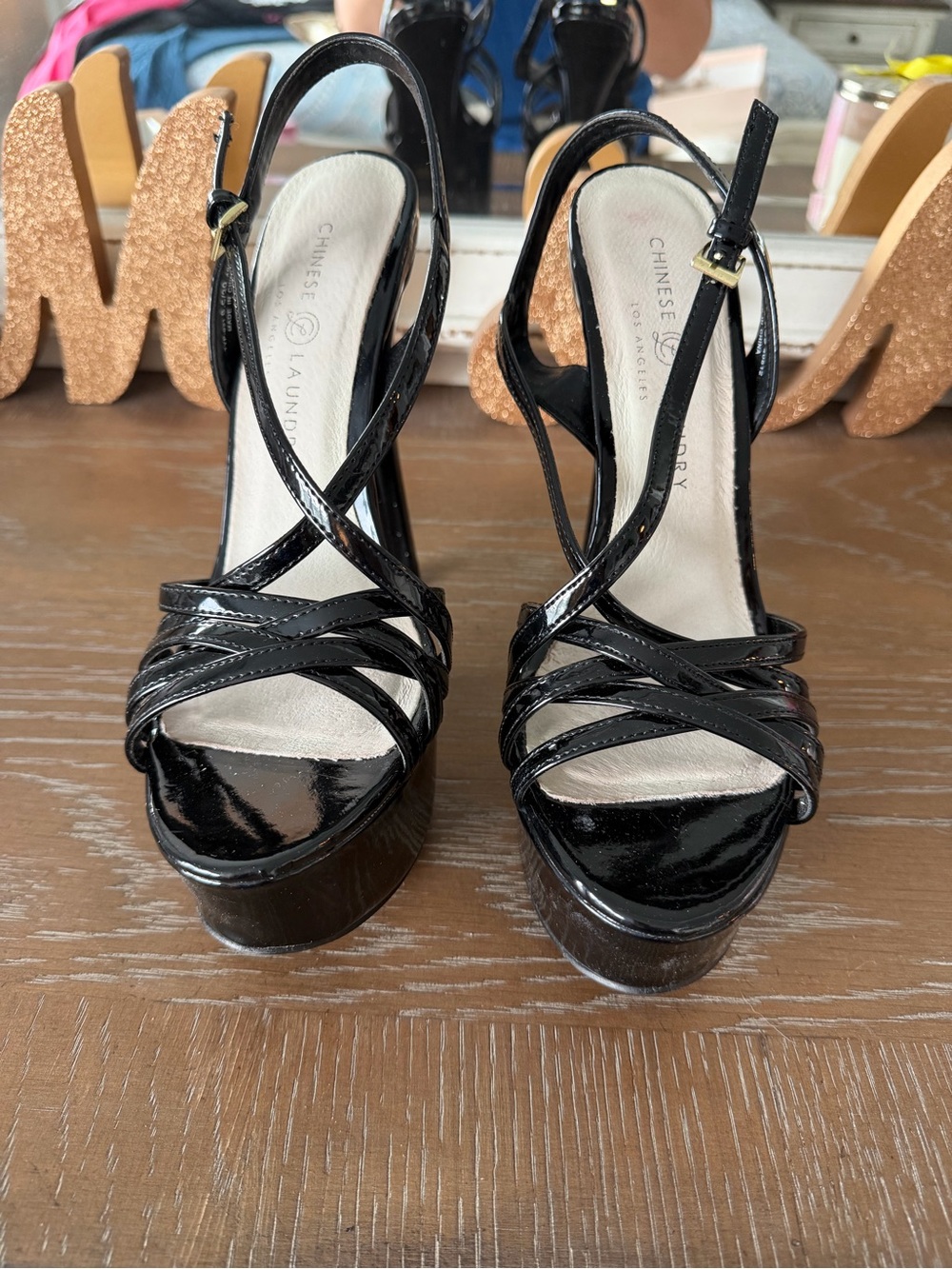 Chinese Laundry Black Patent Crisscross Platform Slingbacks